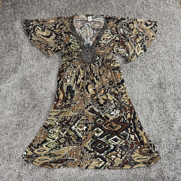 VTG Womens Dress 1X Boho Goblincore Whimsigoth Mini Tunic Beaded Flutter Sleeve - Picture 1 of 9
